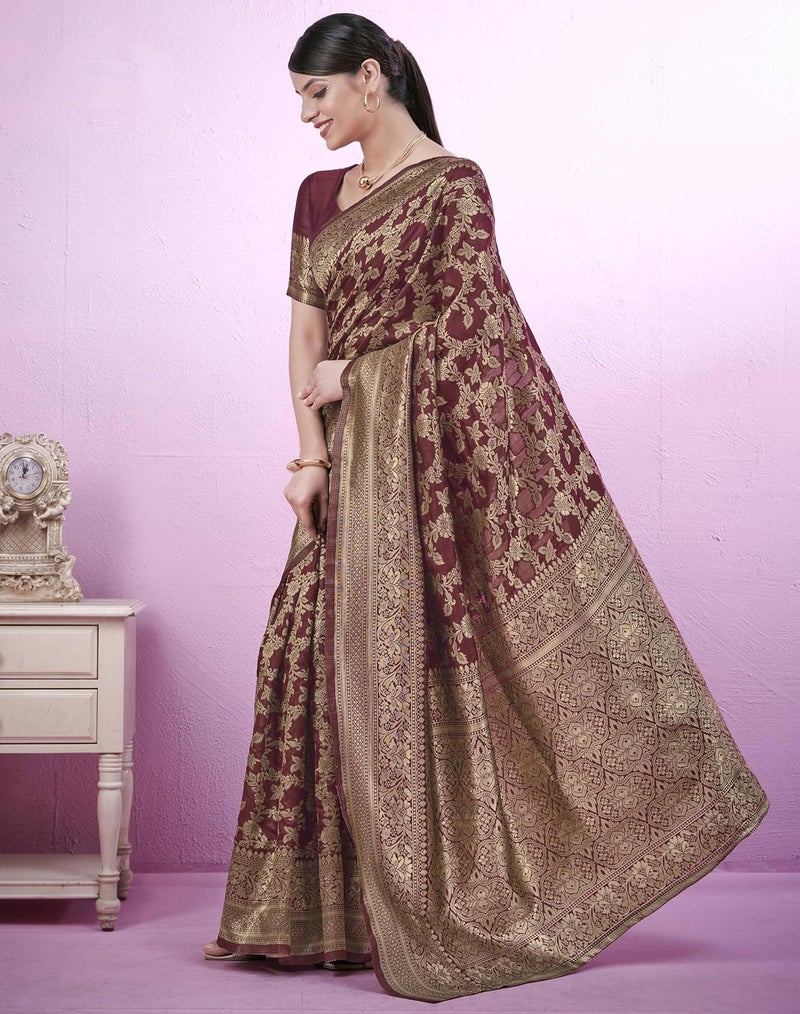 SIRIL Women's Banarasi Soft Silk Saree Pure Silk Kanjivaram Saree With Unstitched Blouse Piece (3662S392AAAA_Maroon & Golden) - Image 3