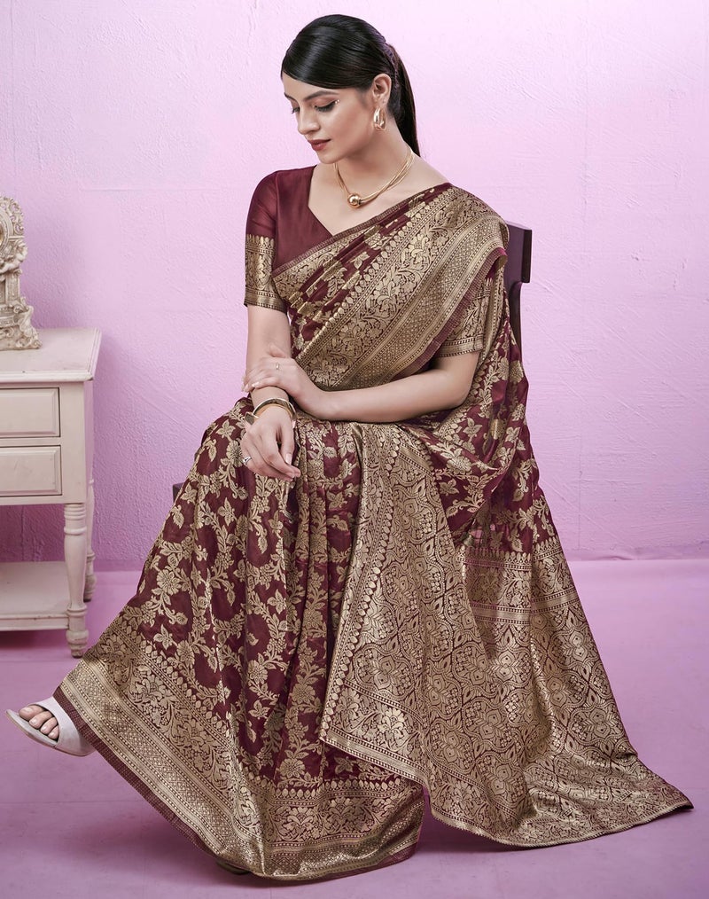 SIRIL Women's Banarasi Soft Silk Saree Pure Silk Kanjivaram Saree With Unstitched Blouse Piece (3662S392AAAA_Maroon & Golden) - Image 5
