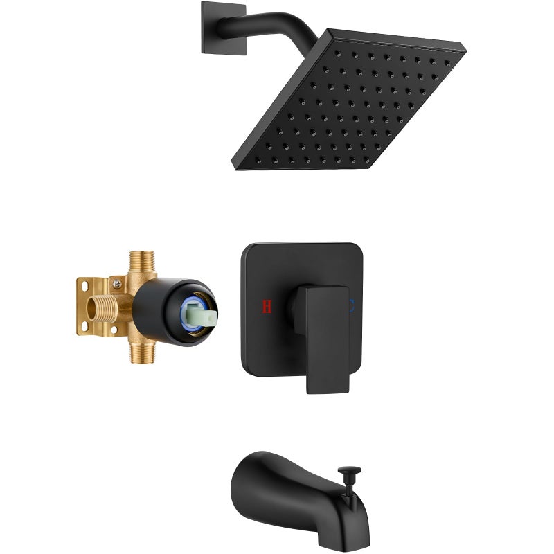 Heyalan Bathtub Shower Faucet Set, 6 Inch Square Trim Kit with Single Handle, Showerhead & Handle Set, Male Thread, with Tub Spout,Matte Black - Image 1