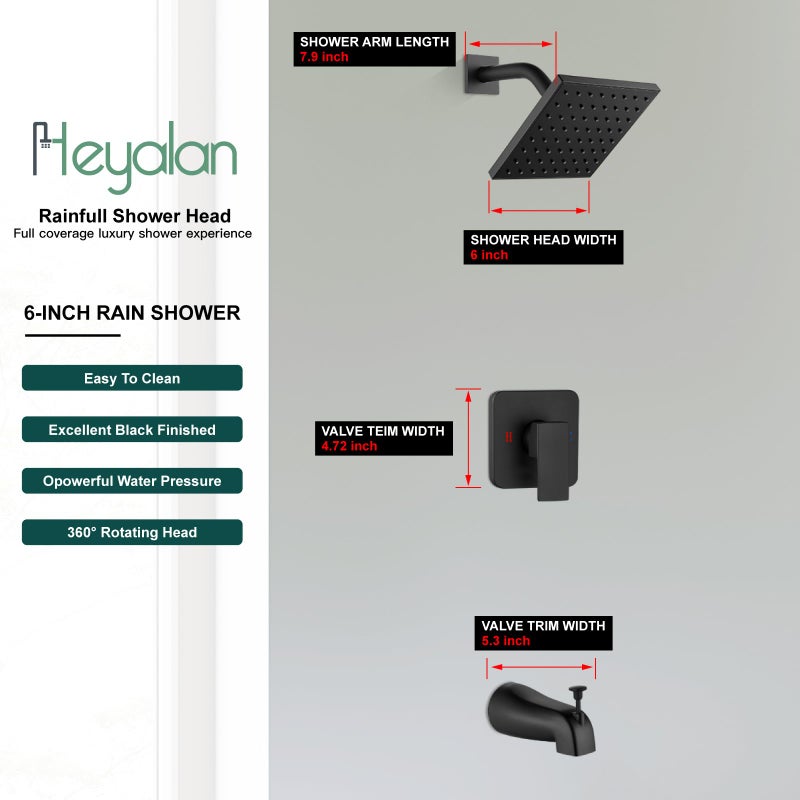 Heyalan Bathtub Shower Faucet Set, 6 Inch Square Trim Kit with Single Handle, Showerhead & Handle Set, Male Thread, with Tub Spout,Matte Black - Image 4