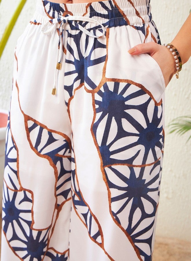 SASSAFRAS White Abstract Printed Top And Palazzo Set For Women - Image 4