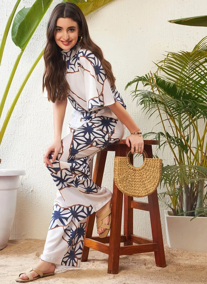 SASSAFRAS White Abstract Printed Top And Palazzo Set For Women