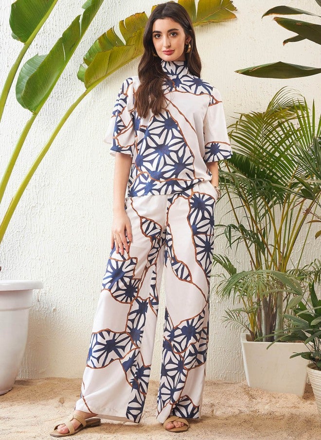 SASSAFRAS White Abstract Printed Top And Palazzo Set For Women - Image 2