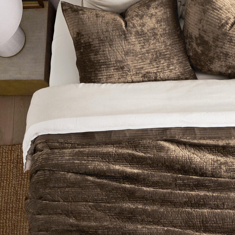 EVERGRACE Velvet Quilt Set King Size, Luxurious Soft Quilted Bedding Sets, Lightweight Velvet Comforter for All Season, Striped Channel Bedspread Coverlet with 2 Shams, Mushroom Brown - Image 4