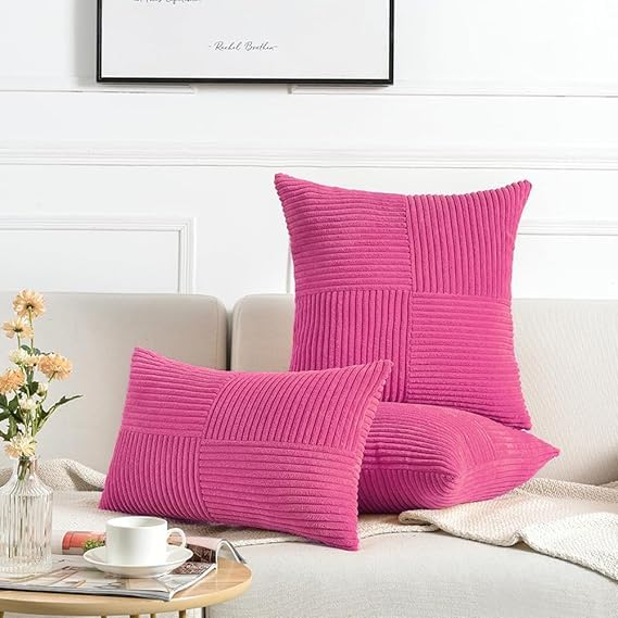 Guffaw Corduroy Pillow Covers Boho Decorative Spliced Throw Pillow Covers Soft Solid Couch Pillowcases Cross Patchwork Cushion Covers for Living Room Bed Sofa 16x16 inch (2, Dark Pink) - Image 4