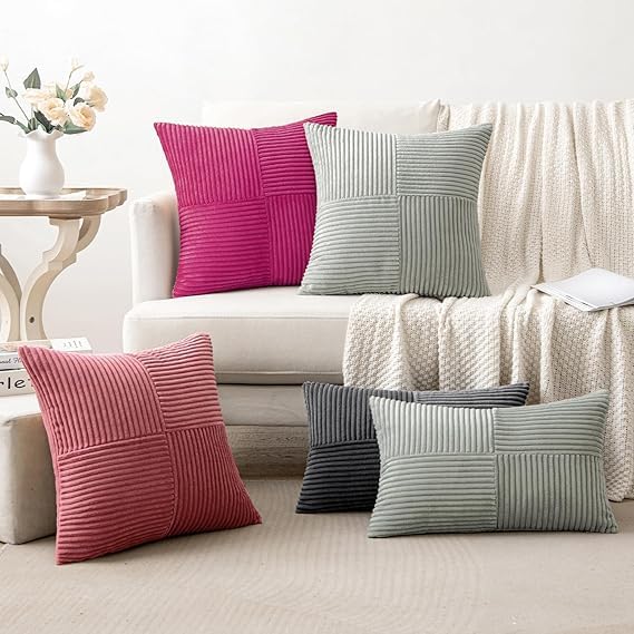 Guffaw Corduroy Pillow Covers Boho Decorative Spliced Throw Pillow Covers Soft Solid Couch Pillowcases Cross Patchwork Cushion Covers for Living Room Bed Sofa 16x16 inch (2, Dark Pink) - Image 5