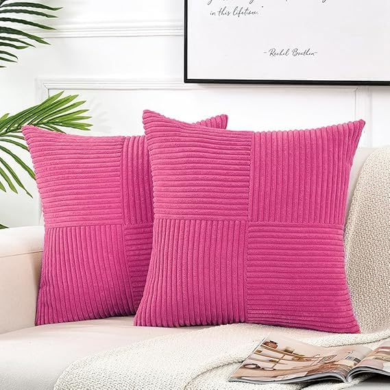 Guffaw Corduroy Pillow Covers Boho Decorative Spliced Throw Pillow Covers Soft Solid Couch Pillowcases Cross Patchwork Cushion Covers for Living Room Bed Sofa 16x16 inch (2, Dark Pink) - Image 1