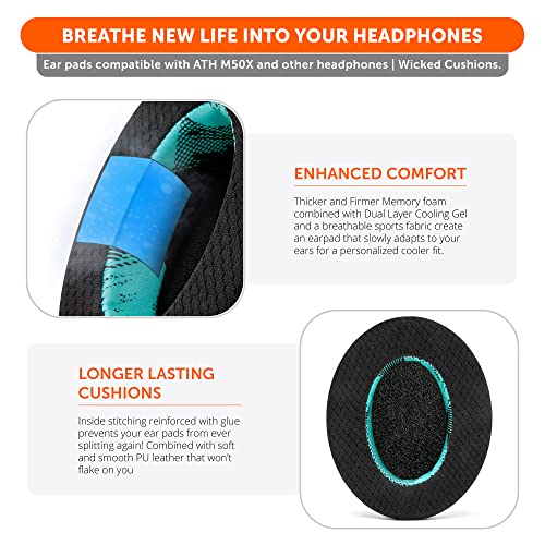 WC Freeze Hybrid Fabric Cooling Gel Replacement Earpads - Compatible with HyperX Cloud, Steelseries Arctis, ATH M50X, Turtle Beach Stealth & More - Comfortable & Cooler for Longer | (Speedracer Cyan) - Image 4
