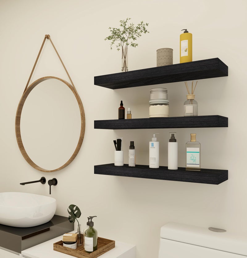 Vervida Black Floating Shelves for Wall, 24" Rustic Wood Deep Wall Mounted Shelves with Invisible Brackets for Decor & Storage, Floating Shelf for Living Room, Bathroom (Set of 3) - Image 3