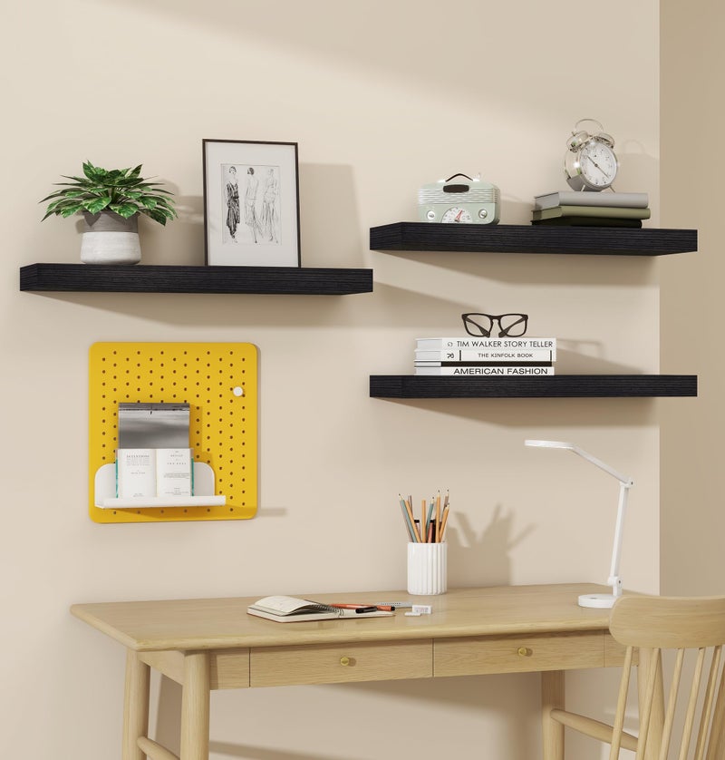 Vervida Black Floating Shelves for Wall, 24" Rustic Wood Deep Wall Mounted Shelves with Invisible Brackets for Decor & Storage, Floating Shelf for Living Room, Bathroom (Set of 3) - Image 4