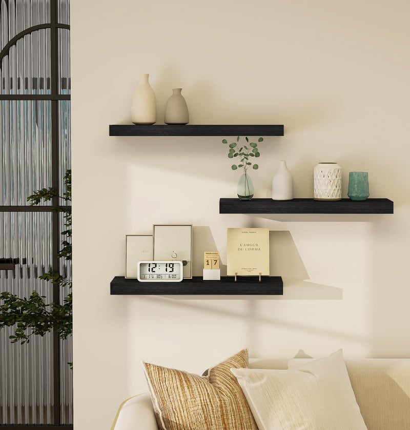Vervida Black Floating Shelves for Wall, 24" Rustic Wood Deep Wall Mounted Shelves with Invisible Brackets for Decor & Storage, Floating Shelf for Living Room, Bathroom (Set of 3) - Image 5
