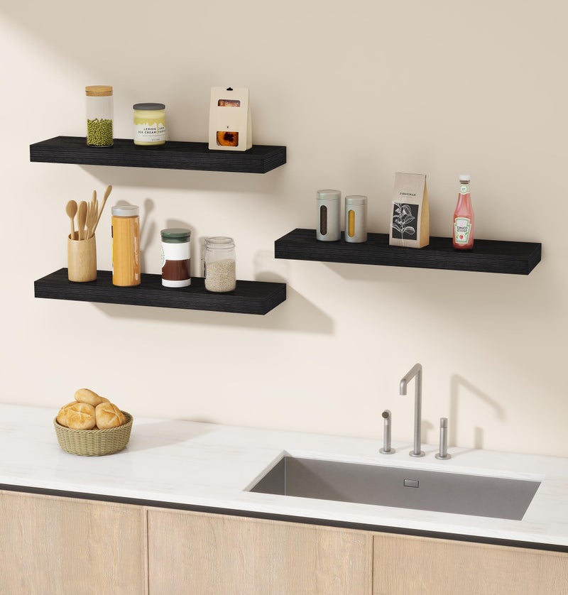 Vervida Black Floating Shelves for Wall, 24" Rustic Wood Deep Wall Mounted Shelves with Invisible Brackets for Decor & Storage, Floating Shelf for Living Room, Bathroom (Set of 3) - Image 2