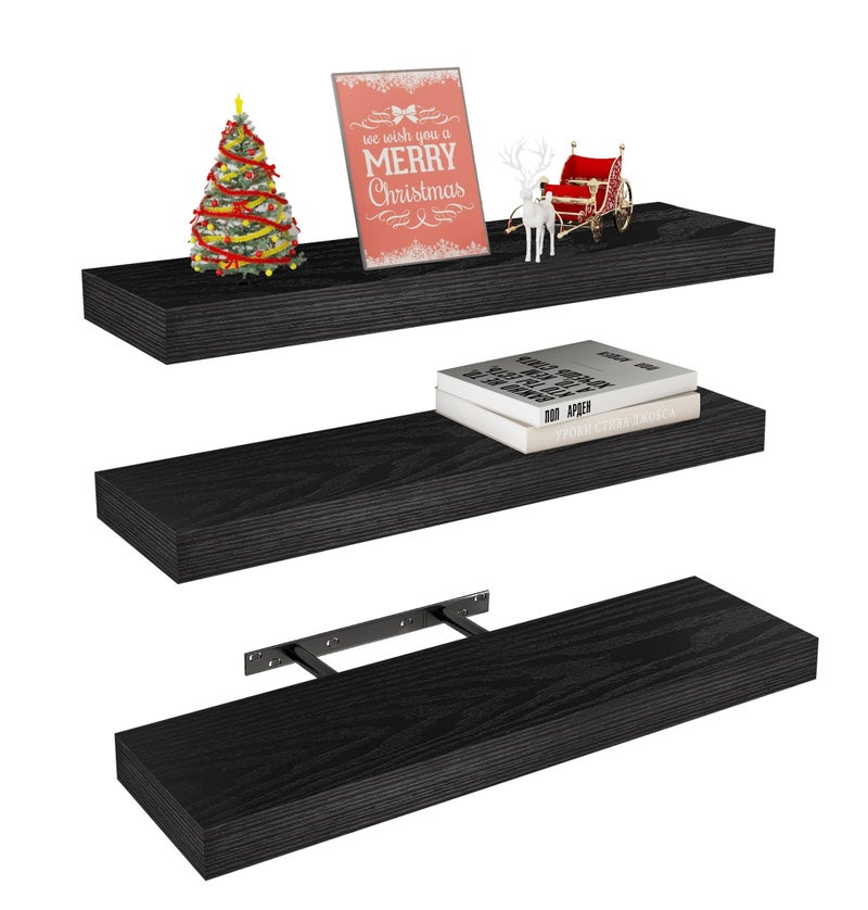 Vervida Black Floating Shelves for Wall, 24" Rustic Wood Deep Wall Mounted Shelves with Invisible Brackets for Decor & Storage, Floating Shelf for Living Room, Bathroom (Set of 3) - Image 1