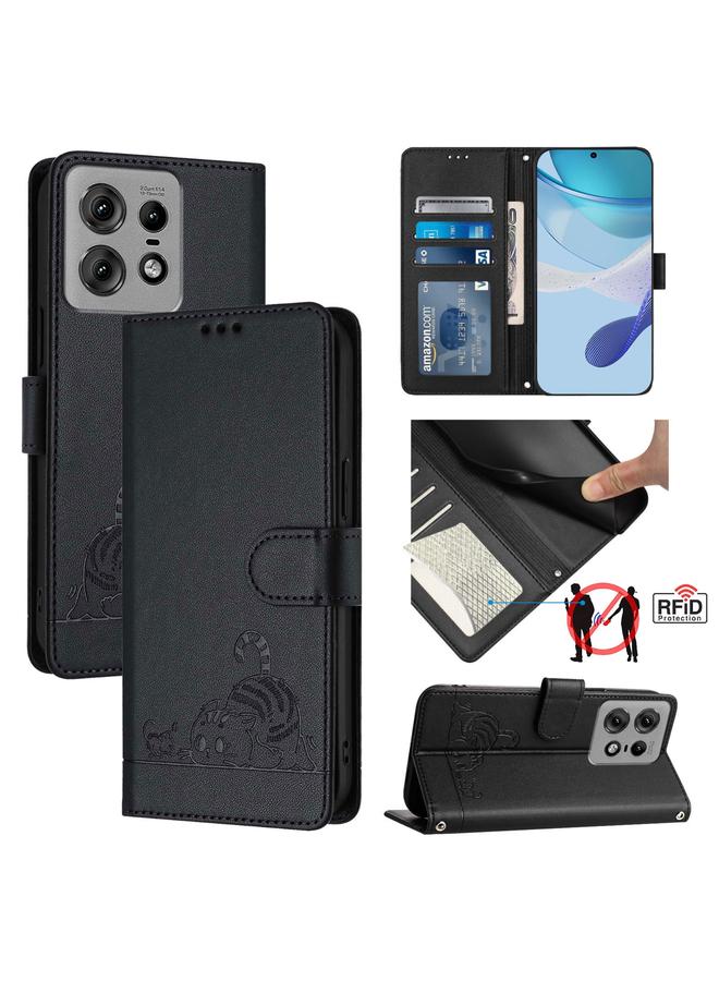 اس-توب جراب لهاتف Motorola Edge 50 Pro من الجلد المنقوش بنمط قطة وفأر بتقنية RFID مع حبل تعليق - Image 1