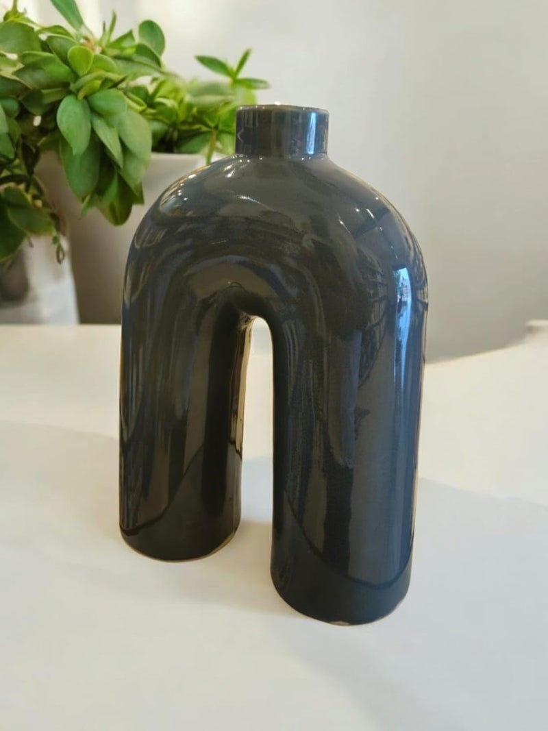 ARTISANS BAZAR Inverted U Shape Ceramic Minimalist Aesthetic Flower Vase Pampas Grass Vase vase for Home Decor Glossy Finish10 inches BlackWithout Flowers Grey - Image 1