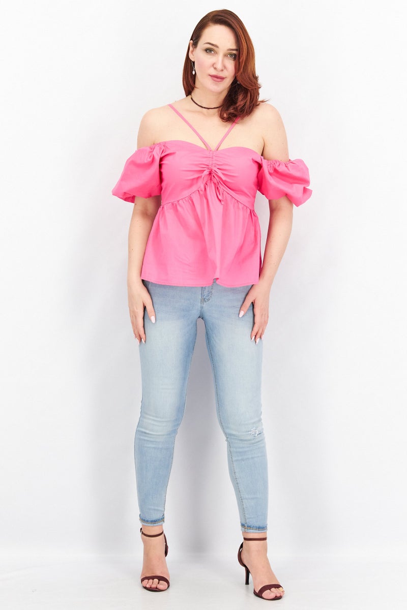 Aqua Women V Neck Puff Sleeves Cutout Blouse, Hot Pink - Image 4