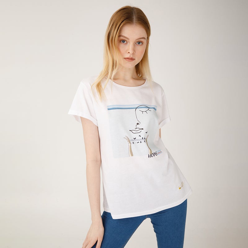 Faces Hope Women's T-Shirt, Cotton Material, Custom Design, White T-shirt, Size L - Image 3