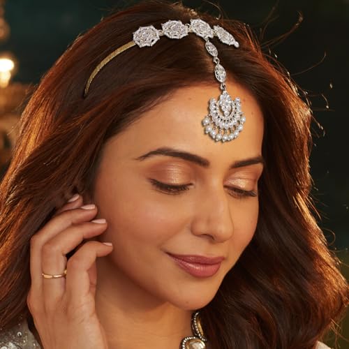 ACCESSHER Gold-Tone Kundan Mathapatti for Women & Girls | Floral Sheeshphool with White Pearls | Bridal Hair Jewellery Headband - Image 2