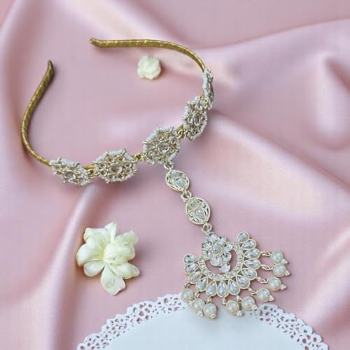 ACCESSHER Gold-Tone Kundan Mathapatti for Women & Girls | Floral Sheeshphool with White Pearls | Bridal Hair Jewellery Headband - Image 3