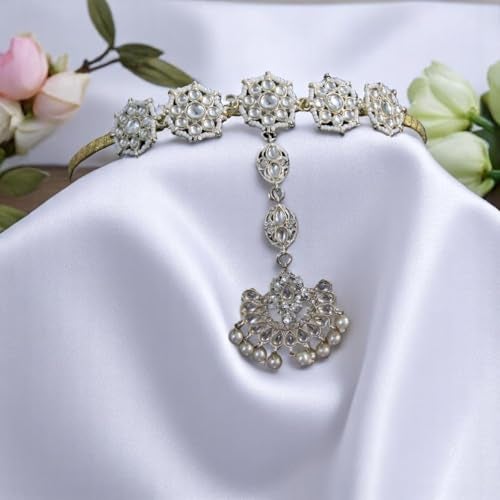 ACCESSHER Gold-Tone Kundan Mathapatti for Women & Girls | Floral Sheeshphool with White Pearls | Bridal Hair Jewellery Headband - Image 4