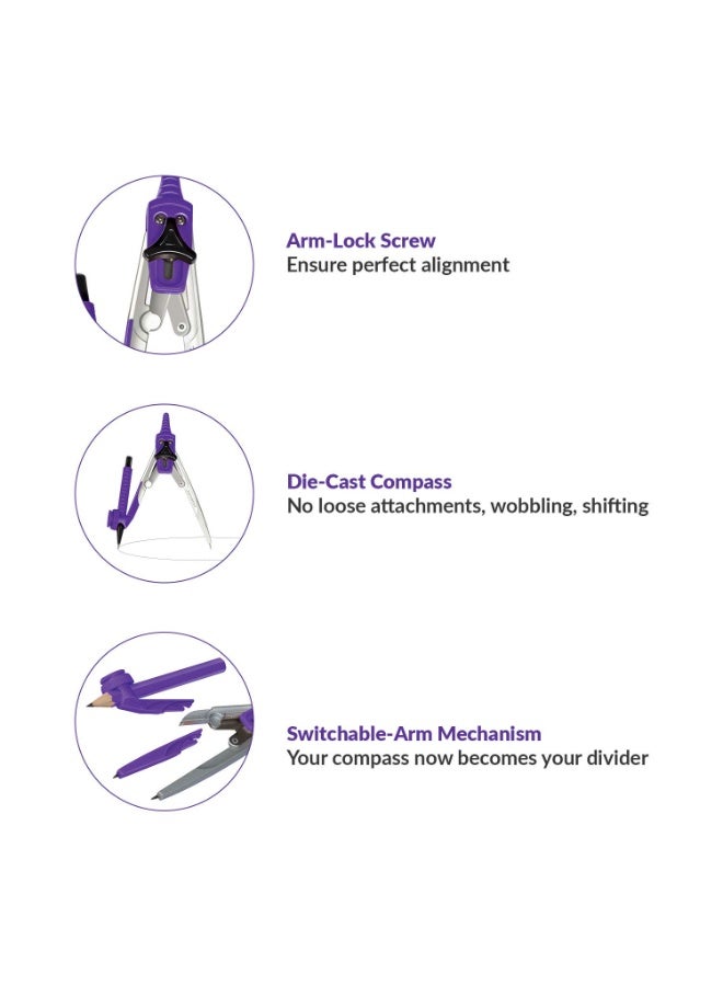 كلاسميت صندوق هندسة الكويكبات | بوصلة مع فاصل بآلية قفل ذراع | ميزان قابل للطي ٣٠ سم | قلم رصاص ميكانيكي | صينية ذات وجهين - Image 3