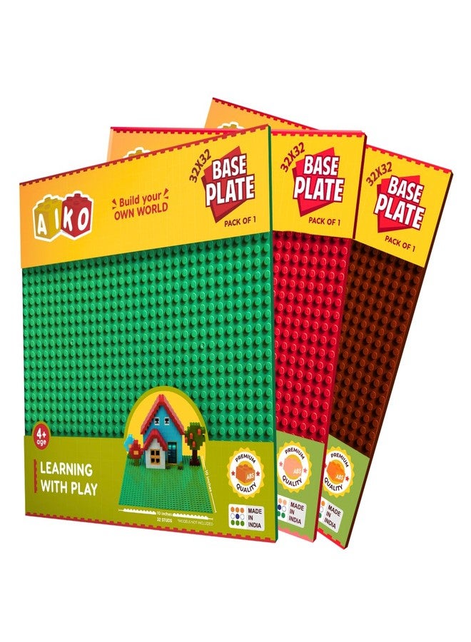 AIKO Classic Base Plate 32 x 32 Studs (10" x 10") | ABS Plastic Building Base | Compatible with Major Block Brands | Ideal Gift for Kids 4+ | Pack of 3 (Green, Red, Brown) - Image 1