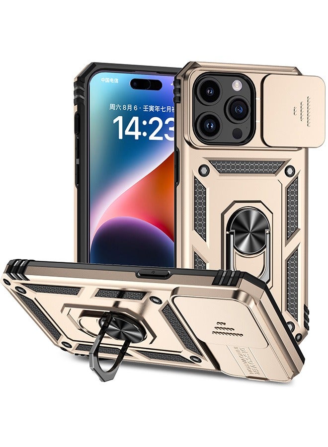 For iPhone 15 Pro Max (6.7 inch) with Camera Cover, Stand Kickstand Ring, 360° Rotate Ring Kickstand Magnetic Car Mount Shockproof Protective Phone Cover Case for iPhone 15 Pro Max (Gold) - Image 1
