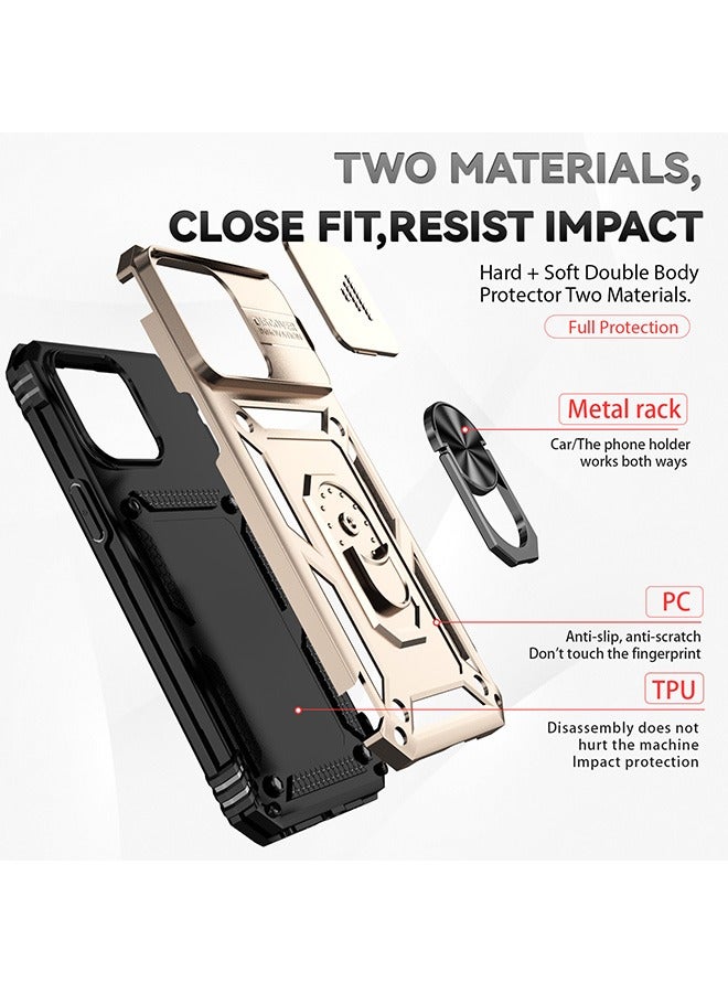 For iPhone 15 Pro Max (6.7 inch) with Camera Cover, Stand Kickstand Ring, 360° Rotate Ring Kickstand Magnetic Car Mount Shockproof Protective Phone Cover Case for iPhone 15 Pro Max (Gold) - Image 4