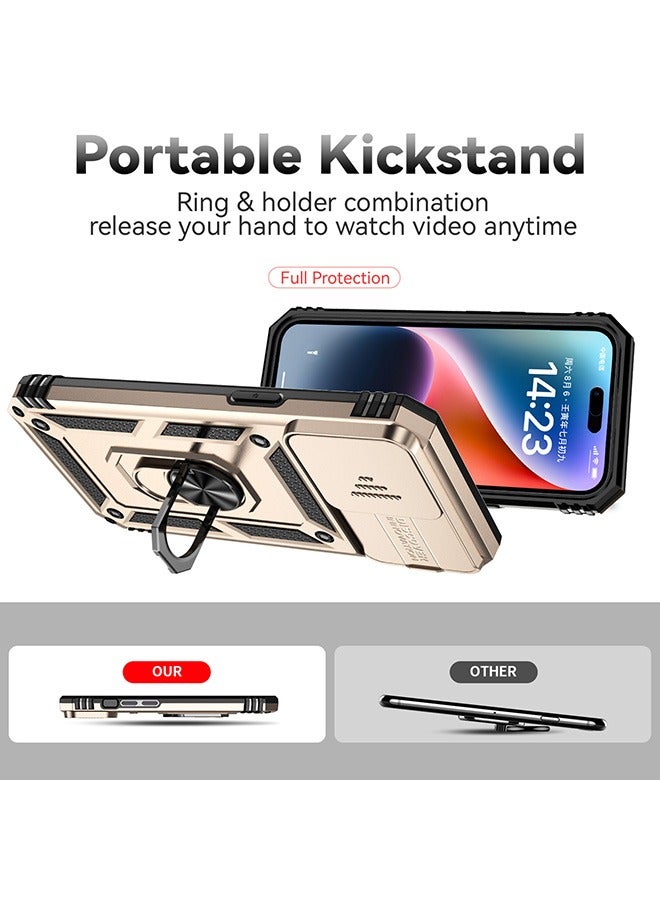 For iPhone 15 Pro Max (6.7 inch) with Camera Cover, Stand Kickstand Ring, 360° Rotate Ring Kickstand Magnetic Car Mount Shockproof Protective Phone Cover Case for iPhone 15 Pro Max (Gold) - Image 2