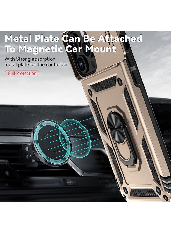 For iPhone 15 Pro Max (6.7 inch) with Camera Cover, Stand Kickstand Ring, 360° Rotate Ring Kickstand Magnetic Car Mount Shockproof Protective Phone Cover Case for iPhone 15 Pro Max (Gold) - Image 3