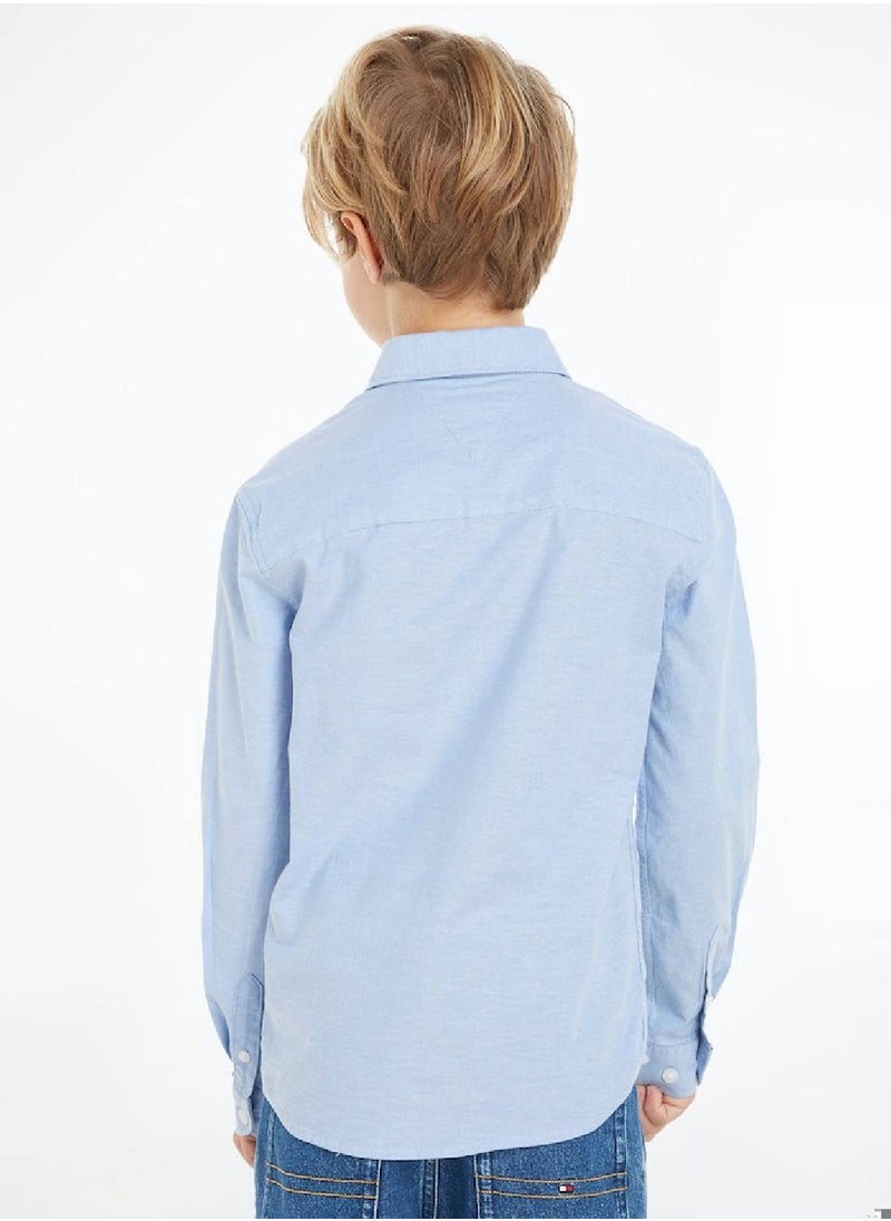 TOMMY HILFIGER Boys' Stretch Oxford Cotton Casual Shirt, Blue  - Image 3