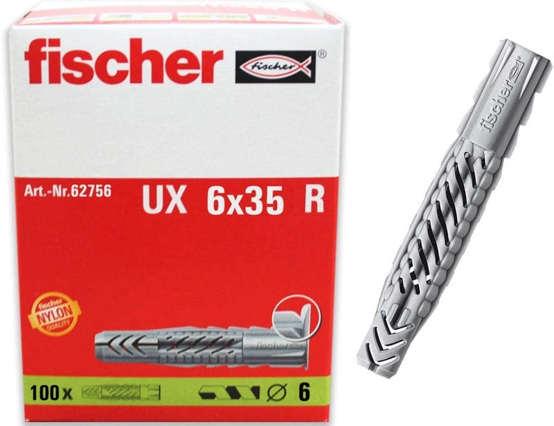 fischer Universal Plug UX 14 x 1 38 6 x 35mm R Long with Rim 100pcs for Solid  Hollow Materials AntiRotation Lock Applications Lighting Towel Rails Mirror Cabinets TV Consoles and More - Image 1