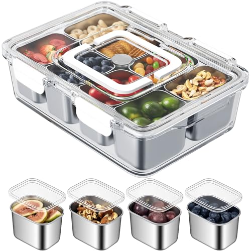 Freshmage Snackle Box Container Stainless Steel Divided Serving Tray with Lid and Handle 8 Compartment Portable Snack Platters Clear Storage Organizer for Fruit Candy Nuts Veggie Perfect for Travel Party - Image 1