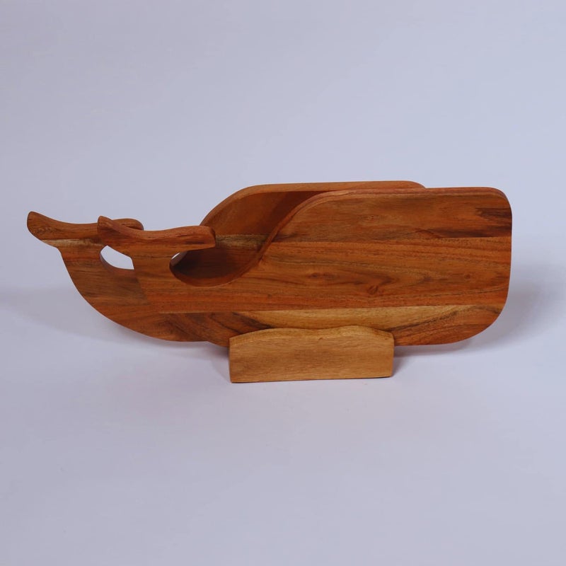loosebucketAcacia Wood Chopping Board for Kitchen Cutting Board with Handle Handmade Whale Tail Serving Platter 2 Cutting Boards 1 Holder 15L x 75W x 5H cm Brown - Image 3