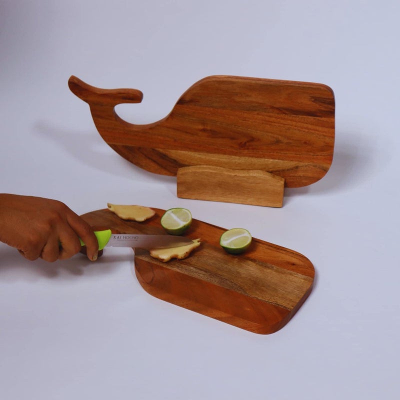 loosebucketAcacia Wood Chopping Board for Kitchen Cutting Board with Handle Handmade Whale Tail Serving Platter 2 Cutting Boards 1 Holder 15L x 75W x 5H cm Brown - Image 2