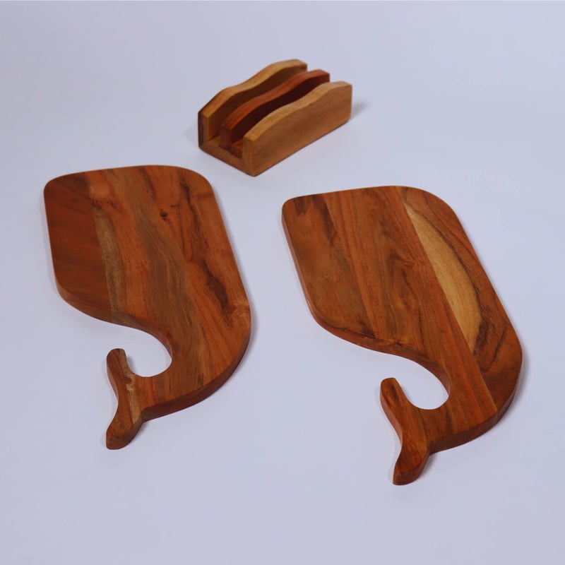 loosebucketAcacia Wood Chopping Board for Kitchen Cutting Board with Handle Handmade Whale Tail Serving Platter 2 Cutting Boards 1 Holder 15L x 75W x 5H cm Brown - Image 1