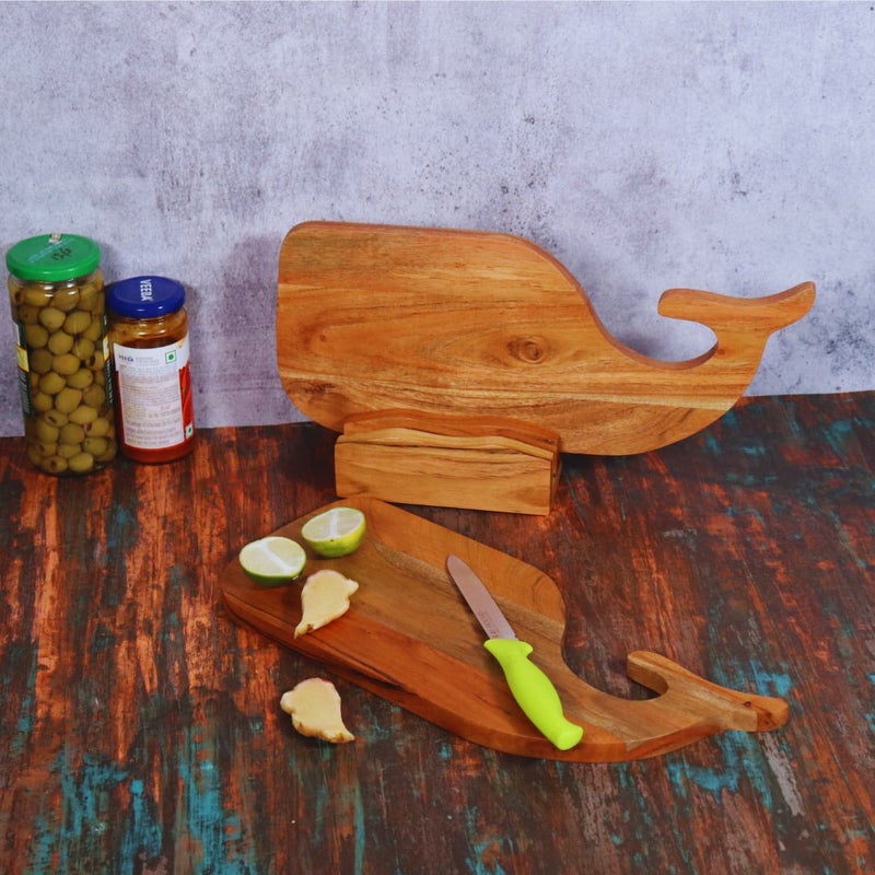 loosebucketAcacia Wood Chopping Board for Kitchen Cutting Board with Handle Handmade Whale Tail Serving Platter 2 Cutting Boards 1 Holder 15L x 75W x 5H cm Brown - Image 4