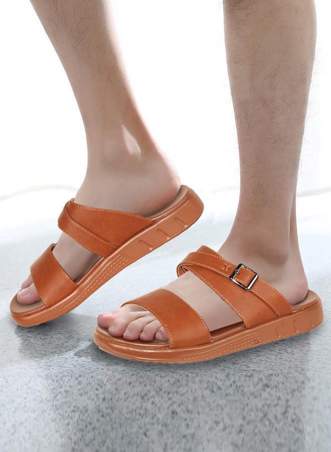 BOTELI Men's Leather Slide Sandals, Adjustable Buckle Two Strap Slippers, Summer Outdoor Non Slip Thick Sole Casual Sandals - Image 1