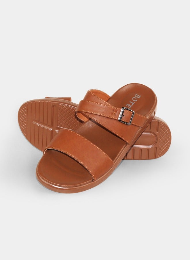 BOTELI Men's Leather Slide Sandals, Adjustable Buckle Two Strap Slippers, Summer Outdoor Non Slip Thick Sole Casual Sandals - Image 2