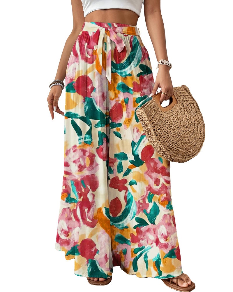 Bsubseach Wide Leg Pants Woman Flowy Floral Palazzo Pants for Women High Waisted Summer Casual Trousers Cruise Outfits Dark Red - Image 1