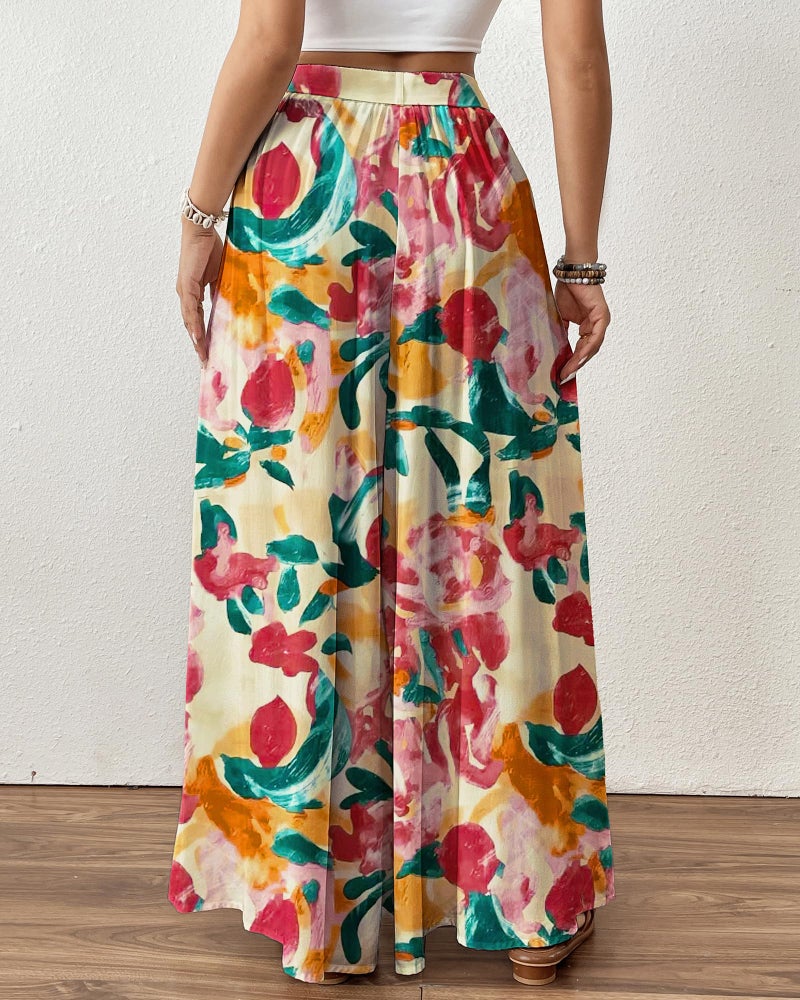 Bsubseach Wide Leg Pants Woman Flowy Floral Palazzo Pants for Women High Waisted Summer Casual Trousers Cruise Outfits Dark Red - Image 5