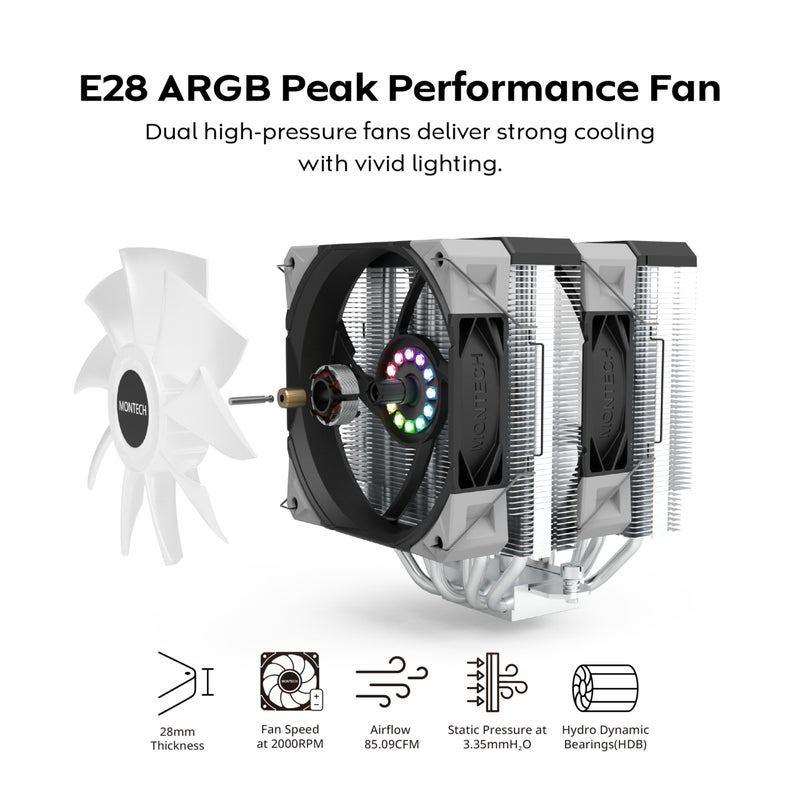 MONTECH NX600 ARGB Dual-Tower CPU Air Cooler with 6 Heatpipes & Premium Top Cover | 28mm E28 ARGB Premium Fan | Soldered Copper Base | Superior Heat Dissipation | All Intel & AMD Socket Support |Black - Image 2