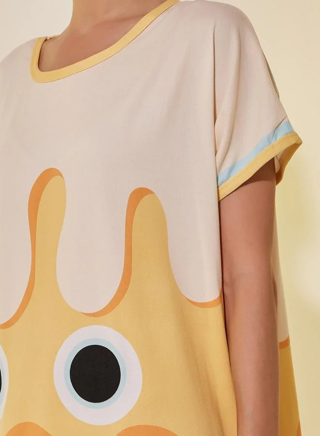Take Two Yellow Short Sleeve Graphic Printed Slip Dress