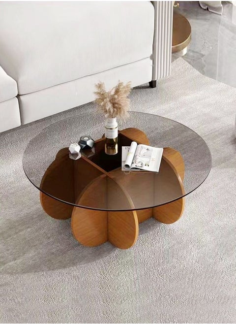 1-Piece Modern Style Wooden Frame Glass Top Coffee Table Round Edge Center Table Sample Round End Table for Living Room Home Office Furniture 80x40 cm