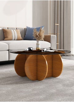 fashionhome 1-Piece Modern Style Wooden Frame Glass Top Coffee Table Round Edge Center Table Sample Round End Table for Living Room Home Office Furniture 80x40 cm  - Image 2