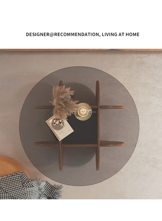 1-Piece Modern Style Wooden Frame Glass Top Coffee Table Round Edge Center Table Sample Round End Table for Living Room Home Office Furniture 80x40 cm