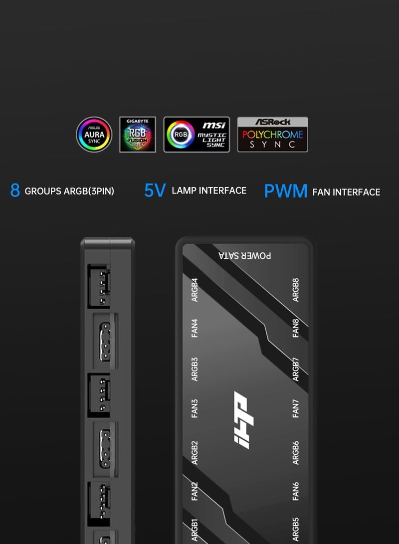 Beauenty ARGB Fan HUB Controller, PWM Fan Hub Support 8 Groups of Fans for Addressable 5V 3Pin ARGB  12V 4Pin PWM, 2-in-1 RGB Case Fan Hub with Hidden Magnetic Base and SATA Power - Image 4