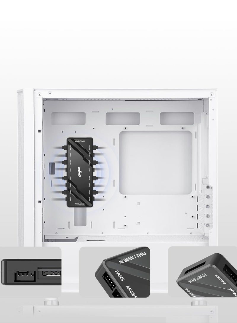 Beauenty ARGB Fan HUB Controller, PWM Fan Hub Support 8 Groups of Fans for Addressable 5V 3Pin ARGB  12V 4Pin PWM, 2-in-1 RGB Case Fan Hub with Hidden Magnetic Base and SATA Power - Image 3