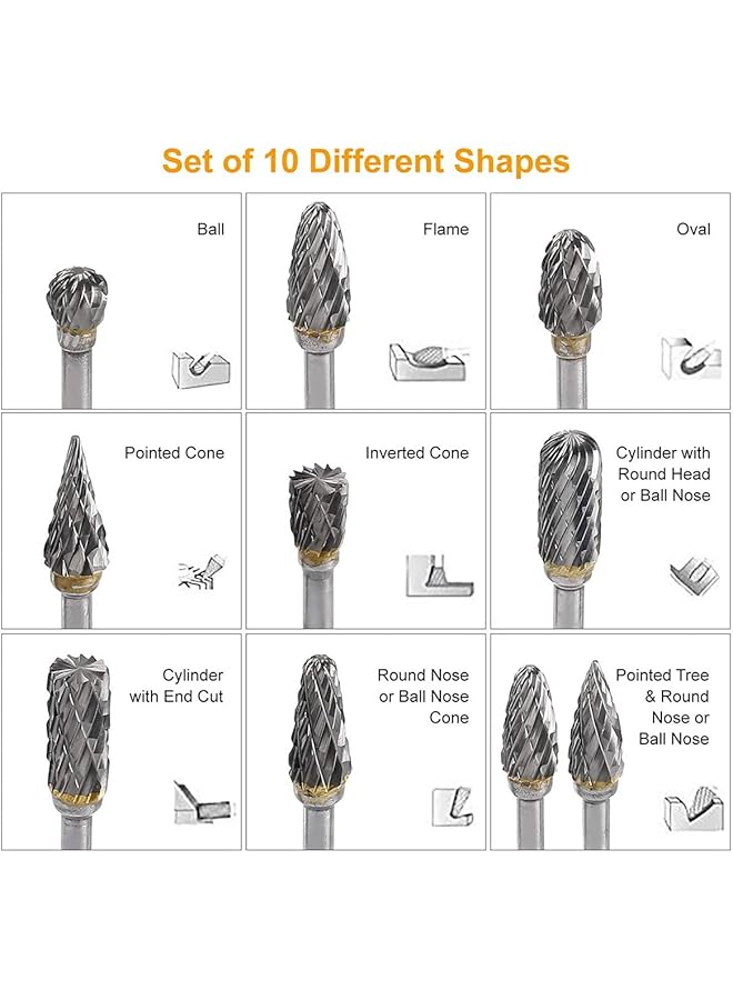 erorex Double Cut Tungsten Carbide Rotary Burr Set 10Pcs 1 8 Inch Shank 1 4 Inch Head Length Tungsten Steel For Wood And Stone Carving Steel Metal Working - Image 2