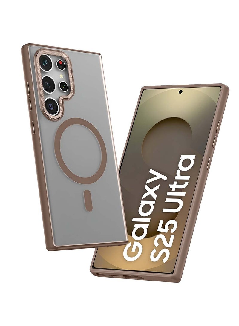 دبليو تيك سامسونج جالاكسي S25 الترا 5 جي 2025 ظهر بلوري بريميوم غير لامع ، جوانب سيليكون مع غطاء حافظة مدعوم من MagSafe - بني - Image 1